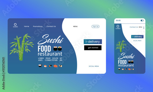 Sushi restaurant landing page template with bamboo illustration and mobile version