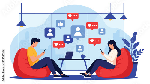 Man and woman sitting in large red beanbag chairs and using their smartphones with social media icons floating in the air.