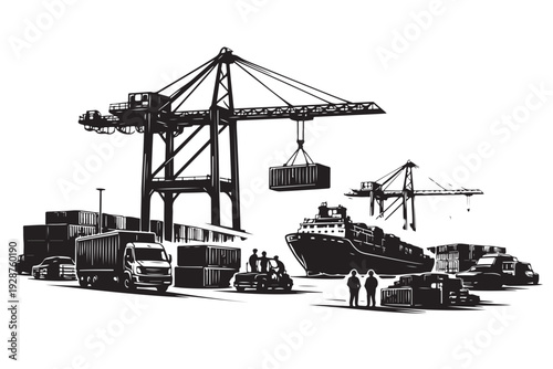 Seaport Silhouette, Vector Illustration, Isolated on White Background