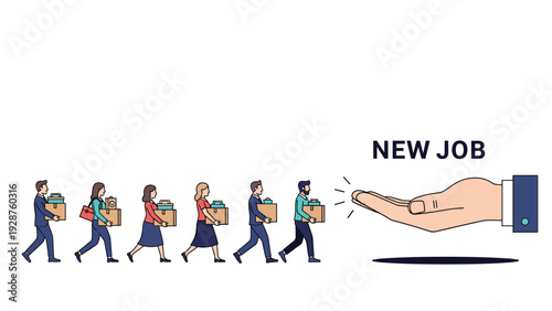 Line of diverse job seekers carrying boxes of personal items towards a giant hand offering a new job opportunity for them.