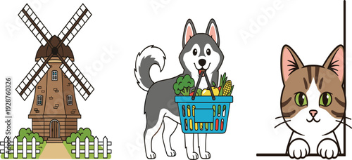Cute farm and pet illustration set with windmill, husky dog carrying groceries and curious cat, colorful cartoon vector collection for children design