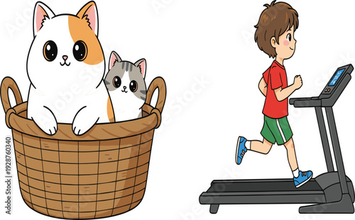 Cute kittens in basket and boy running on treadmill cartoon illustration set, colorful kids character vector for children book and fitness design