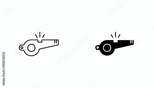 Minimalist black and white whistle icon set, featuring distinct outline and solid glyph styles, ideal for digital interface design, sports apps, coaching tools, and notification systems