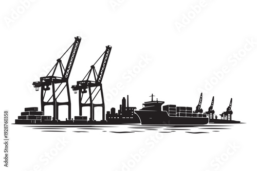Harbor Skyline Silhouette, Vector Illustration, Isolated on White Background
