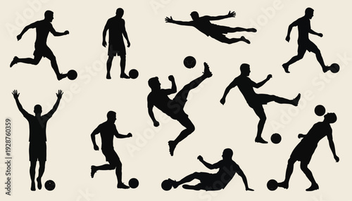 Dynamic Soccer Players in Action, Silhouetted Figures Playing Football, Sports Illustration, Energetic Movement, Various Poses