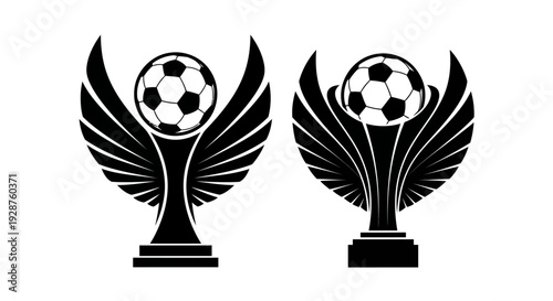 Illustration of winged trophies with soccer balls on pedestals, symbolizing achievement and excellence in sports