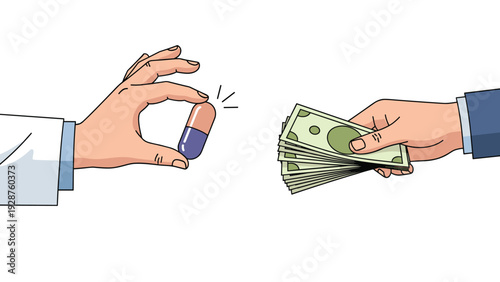 Hand in a white medical coat holding a colorful pill while another hand offers a large stack of green dollar banknotes.