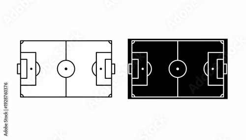 A black and white minimalist illustration of a soccer field with goalposts and markings on a clean background, representing the sport of football