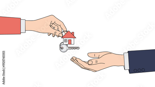 Two hands exchanging a small house with a red roof and a metal key for a real estate transaction on a plain background.
