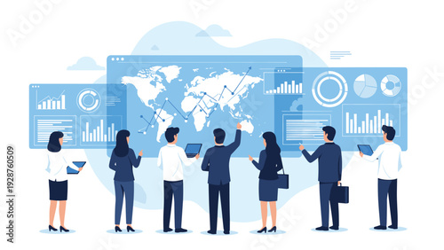 Business team analyzing global market data and financial statistics displayed on a giant digital dashboard in a modern corporate command center.