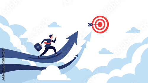 Motivated businessman running up a rising arrow toward a target bullseye symbol representing goal achievement, career growth, and business success.