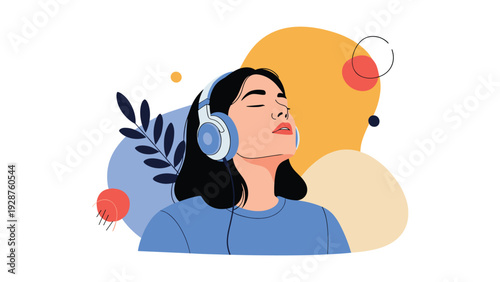Woman wearing headphones with eyes closed peacefully listening to calm music for relaxation and mental wellness in a stylized art style.