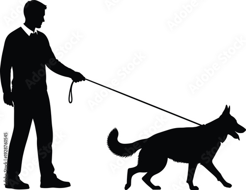 Man walking a German Shepherd dog on a leash, silhouette isolated on white background, male owner with pet animal, canine training and outdoor activity.