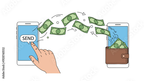 Hand tapping a smartphone screen to send money electronically to a digital wallet on another mobile device for fast online payment transactions.