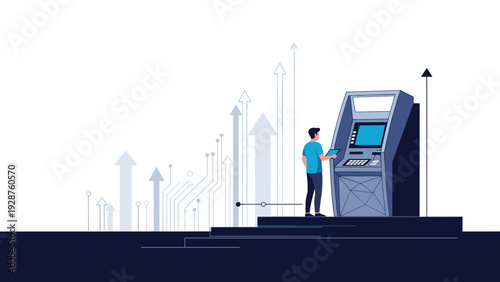 Man using an automated teller machine to withdraw cash or check balance with rising arrows indicating financial growth and banking success.