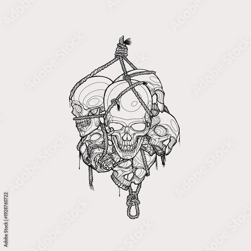 Bundle of Human Skulls Bound by Rope Line Art