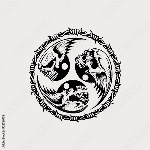 Triple Skull Yin Yang Design Enclosed in Barbed Wire