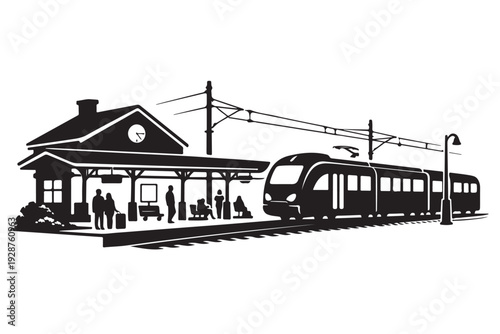 Passenger Train Station Silhouette, Vector Illustration, Isolated on White Background