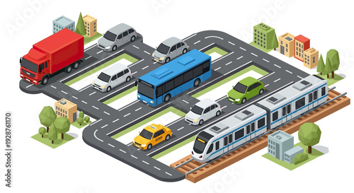 Isometric city transport network with cars, bus, truck, and train.