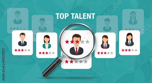 Magnifying Glass Highlighting Top Talent with Star Ratings.