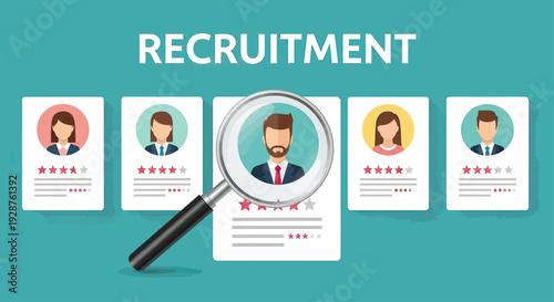 Recruitment process with magnifying glass focusing on a male candidates profile.
