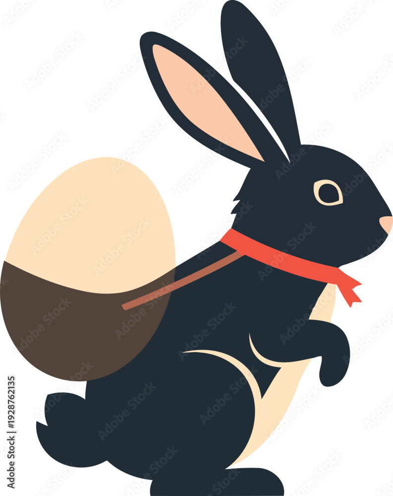 Fototapeta premium Cute black rabbit wearing red scarf carrying chocolate Easter egg