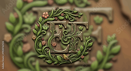 A green lion head knocker adorns an ancient stone door beside a potted plant and lush garden greenery, showcasing intricate antique carving and architectural detail