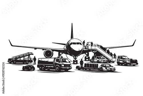 Airport Ground Service Silhouette, Vector Illustration, Isolated on White Background