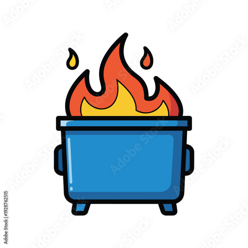 Burning trash can illustration depicting danger and waste with fire and flames rising from the container