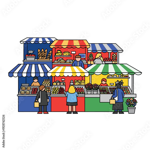Vibrant market scene with people shopping at colorful stalls under striped awnings from a front viewpoint