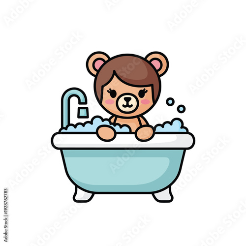 A cartoon brown bear taking a relaxing bath in a tub with bubbles and water flowing from the faucet