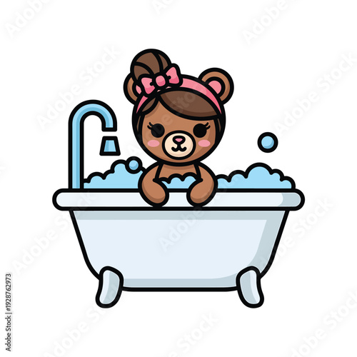 A cartoon bear relaxing in a bathtub with bubbles and a faucet in the background