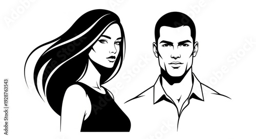 Elegant monochrome portrait of a woman and a man, artistic illustration.