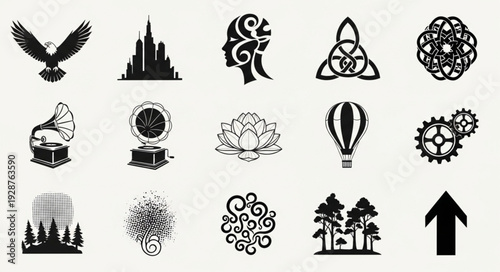 Collection of various black and white silhouette icons representing different concepts and objects.