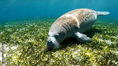 West Indian Manatee swimming over a lush green seagrass bed in clear blue water.