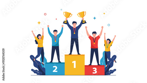 Group of five diverse athletes celebrate their victory while standing on a numbered podium holding trophies and wearing medals.