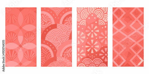 Four vertical panels showcase various pink patterned designs resembling traditional japanese motifs