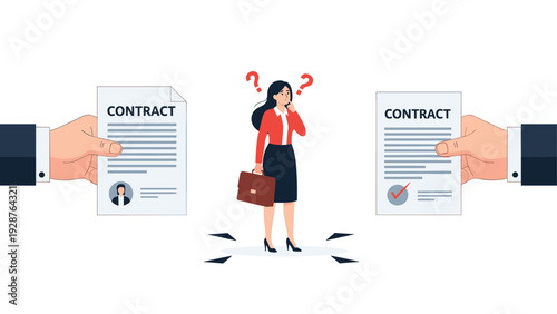 Businesswoman stands confused with question marks between two large hands offering different employment or service contracts.