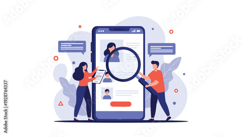 Recruitment team uses a large smartphone and magnifying glass to examine candidate profiles for a job opening process.