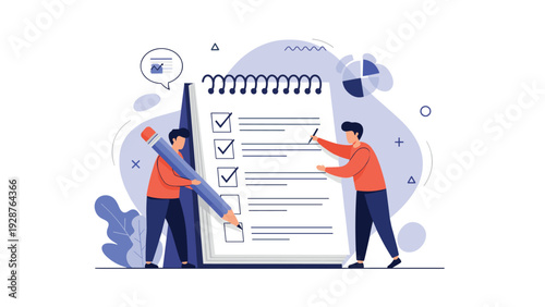 Two professional men collaborate to mark off completed tasks on a giant spiral notebook checklist for project management.