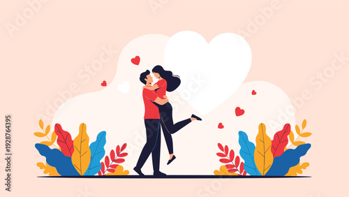 Loving couple embraces in a romantic hug set against a large white heart backdrop surrounded by colorful plants and small hearts.