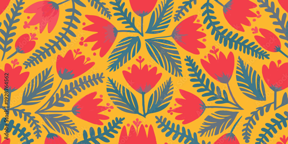 Obraz premium Stylized floral pattern with red and blue flowers and leaves on a vibrant yellow background