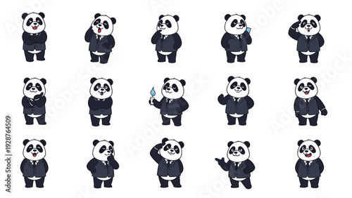 Sophisticated panda character dressed in a business suit is shown in a collection of diverse professional poses and expressions.