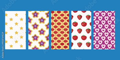 Six vertical patterned fabric swatches displayed against a solid blue background diverse designs