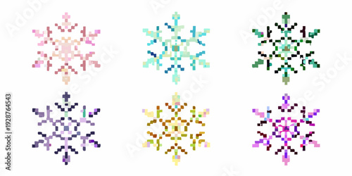 Six colorful pixelated snowflakes isolated on a white background a wintery design