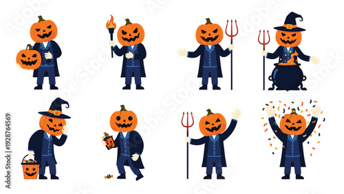 Collection of spooky pumpkin headed characters in Victorian style clothing for Halloween celebrations including witches and devils.