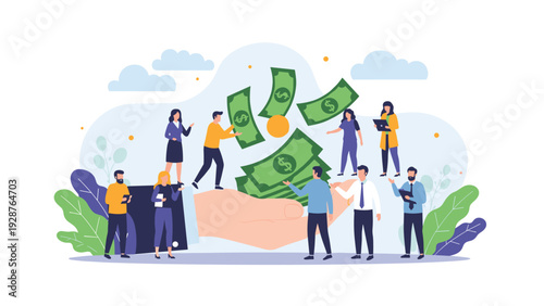 Group of business professionals gather around a massive palm catching falling dollar bills for an investment or profit concept.