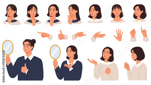 Comprehensive character design set for a young woman includes multiple facial expressions, hand gestures, and different posing styles.