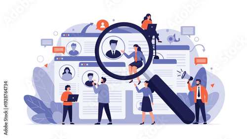 Recruitment team uses a giant magnifying glass and digital screens to search for the best job candidates for a corporate position.