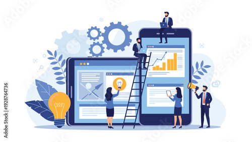 Group of professional developers and marketers collaborate using oversized mobile devices and digital screens for a software project.